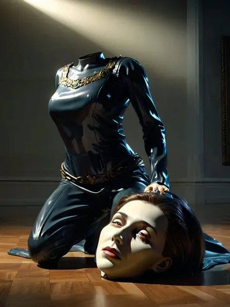 (disembodied head), head on floor, woman , headless body kneeling in background masterpiece, 8k, high detail, dramatic lighting <lora:xlDadapt_disembodied_v_rank8:2>