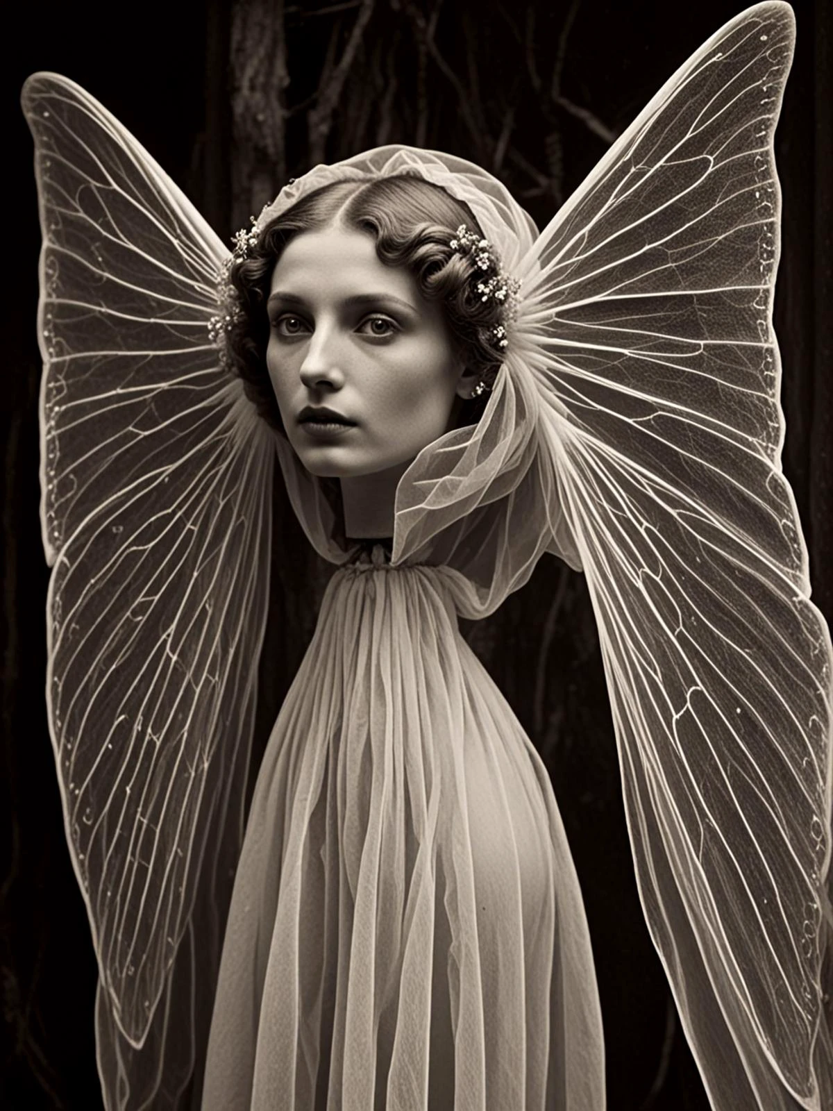 score 9,score 8 up,score 7 up, (disembodied head:1.2),art by (Arthur Hughes, Peter Basch, Man Ray, Marc Adamus, Harold Edgerton), Oniric portrait of the moth queen ermerging from her silk cocoon, her long silken wings trailing behind her : RAW photo, dslr, film grain, Fujifilm XT3, low-key, atmospheric haze, cinematic still, dynamic lighting, moody, OverallDetail <lora:Animagine_disembodiedhead_v2:1.2><lora:Hyper-SDXL-8steps-lora:0.7>