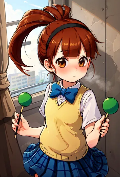 ((masterpiece, best quality)), 1girl, marimba
marin, brown hair, brown eyes, ponytail, yellow sweater vest, hairband, skirt <lyco:marinPopNMusic:0.85>