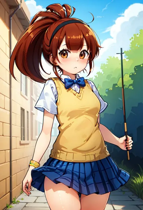 ((masterpiece, best quality)), 1girl, marin, brown hair, brown eyes, ponytail, yellow sweater vest, hairband, skirt <lyco:marinPopNMusic:0.85>