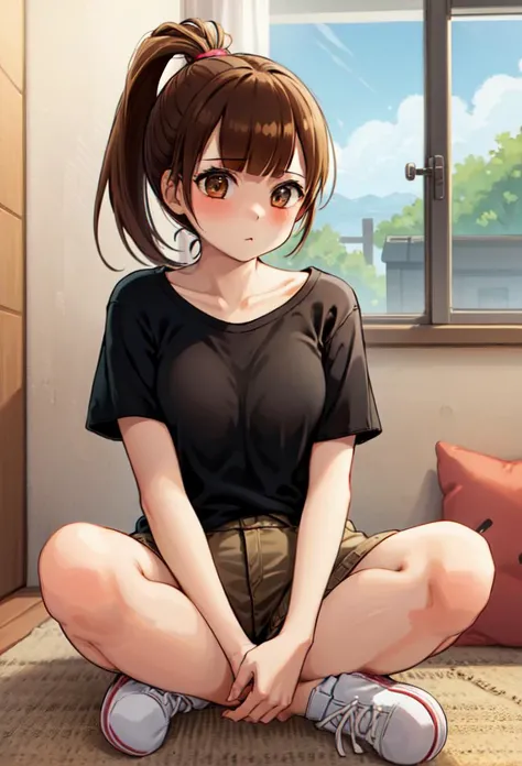 ((masterpiece, best quality)), 1girl
marin, brown hair, brown eyes, ponytail, t-shirt, black shirt <lyco:marinPopNMusic:0.8>