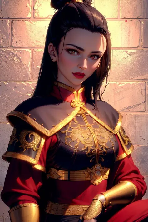 ultra realistic 8k cg, masterpiece, ((ultra detailed background, delicate pattern, intricate detail, highly detailed, fine details best quality, hyperdetailed face)), (photorealistic:1.4),beautiful lighting, absurdres, RAW photo, film grain, Azula, 1girl, solo, black hair, brown eyes, makeup, lipstick, red lips, single hair bun, navel, sidelocks, hair ornament, ((medium breasts, slim girl)), ((armor, chinese clothes, capelet, boots)), ((complex detailed background, inside, dim lighting, moody lighting, inside castle, castle wall, inside, medieval castle environment)), ((close-up, portrait)),  <lora:Azula:0.6>