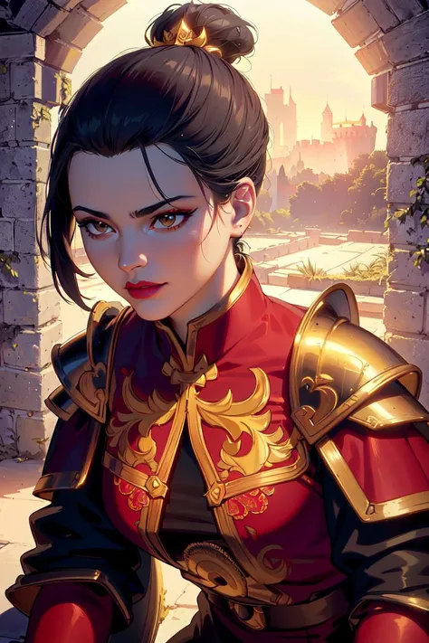 ultra realistic 8k cg, masterpiece, ((ultra detailed background, delicate pattern, intricate detail, highly detailed, fine details best quality, hyperdetailed face)), (photorealistic:1.4),beautiful lighting, absurdres, RAW photo, film grain, Azula, 1girl, solo, black hair, brown eyes, makeup, lipstick, red lips, single hair bun, navel, sidelocks, ((medium breasts, slim girl)), ((armor, chinese clothes, capelet, boots)), ((complex detailed background, inside, dim lighting, moody lighting, inside castle, castle wall, inside, medieval castle environment)), ((close-up, portrait)), <lora:Azula:0.7>