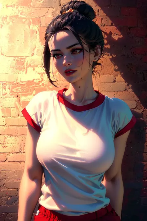 one girl, solo, (open stomach, bare stomach:1.3), slender body, fit body, (upper body, bust:1.2), (black eyes:1.3), black hair, (two cute braids:1.2), masterpiece, highly detailed, look at viewer, front view, (small breasts, tiny breasts, male chest, exposed breasts, deep cleavage:1.5), (transparent white t-shirt, wet t-shirt, choker:1.4), (studio lights, blured background, glowing edges of image, shiny blured background, gradient sprayed background, colorful background:1.3), expressing joy, (nipples:1.1)