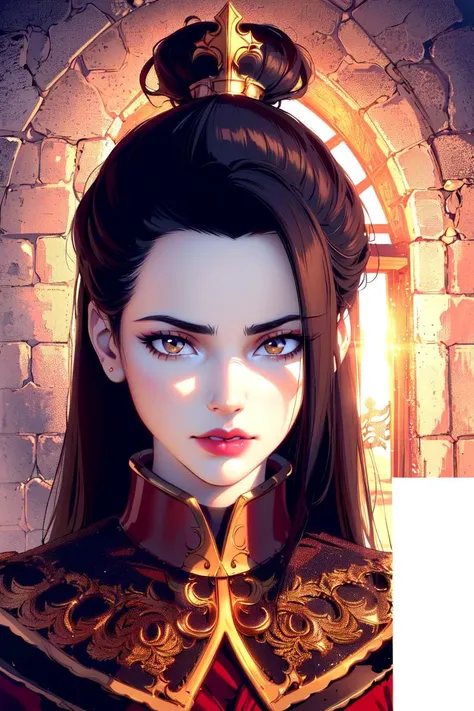 ultra realistic 8k cg, masterpiece, ((ultra detailed background, delicate pattern, intricate detail, highly detailed, fine details best quality, hyperdetailed face)), (photorealistic:1.4),beautiful lighting, absurdres, RAW photo, film grain, Azula, 1girl, solo, black hair, brown eyes, makeup, lipstick, red lips, single hair bun, navel, sidelocks, hair ornament, ((medium breasts, slim girl)), ((armor, chinese clothes, capelet, boots)), ((complex detailed background, inside, dim lighting, moody lighting, inside castle, castle wall, inside, medieval castle environment)), ((close-up, portrait)), <lora:Azula:0.7>