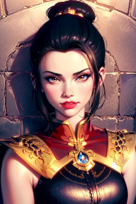 ultra realistic 8k cg, masterpiece, ((ultra detailed background, delicate pattern, intricate detail, highly detailed, fine details best quality, hyperdetailed face)), (photorealistic:1.4),beautiful lighting, absurdres, RAW photo, film grain, Azula, 1girl, solo, black hair, brown eyes, makeup, lipstick, red lips, single hair bun, navel, sidelocks, hair ornament, ((medium breasts, slim girl)), ((armor, chinese clothes, capelet, boots)), ((complex detailed background, inside, dim lighting, moody lighting, inside castle, castle wall, inside, medieval castle environment)), ((close-up, portrait)), <lora:Azula:0.7>