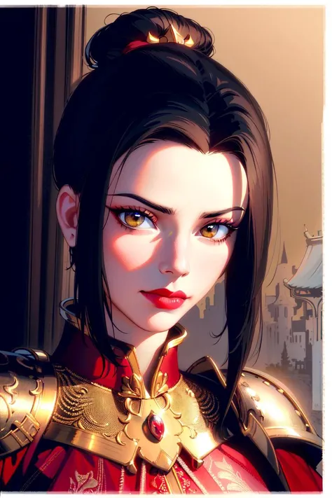 ultra realistic 8k cg, masterpiece, ((ultra detailed background, delicate pattern, intricate detail, highly detailed, fine details best quality, hyperdetailed face)), (photorealistic:1.4),beautiful lighting, absurdres, RAW photo, film grain, Azula, 1girl, solo, black hair, brown eyes, makeup, lipstick, red lips, single hair bun, navel, sidelocks, hair ornament, ((medium breasts, slim girl)), ((armor, chinese clothes, capelet, boots)), ((complex detailed background, inside, dim lighting, moody lighting, inside castle, castle wall, inside, medieval castle environment)), ((close-up, portrait)), <lora:Azula:0.7>