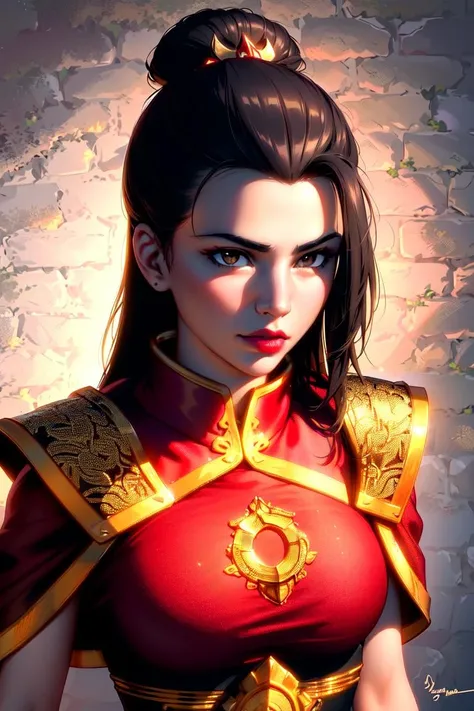 ultra realistic 8k cg, masterpiece, ((ultra detailed background, delicate pattern, intricate detail, highly detailed, fine details best quality, hyperdetailed face)), (photorealistic:1.4),beautiful lighting, absurdres, RAW photo, film grain, Azula, 1girl, solo, black hair, brown eyes, makeup, lipstick, red lips, single hair bun, navel, sidelocks, hair ornament, ((medium breasts, slim girl)), ((armor, chinese clothes, capelet, boots)), ((complex detailed background, inside, dim lighting, moody lighting, inside castle, castle wall, inside, medieval castle environment)), ((close-up, portrait)), <lora:Azula:0.7>