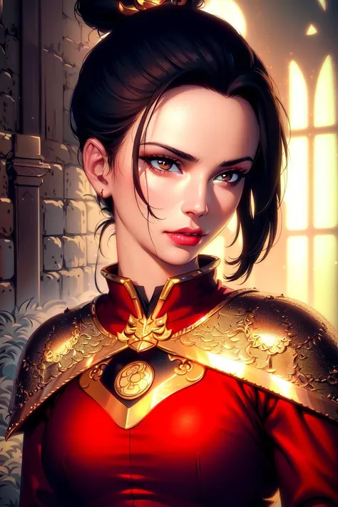 ultra realistic 8k cg, masterpiece, ((ultra detailed background, delicate pattern, intricate detail, highly detailed, fine details best quality, hyperdetailed face)), (photorealistic:1.4),beautiful lighting, absurdres, RAW photo, film grain, Azula, 1girl, solo, black hair, brown eyes, makeup, lipstick, red lips, single hair bun, navel, sidelocks, hair ornament, ((medium breasts, slim girl)), ((armor, chinese clothes, capelet, boots)), ((complex detailed background, inside, dim lighting, moody lighting, inside castle, castle wall, inside, medieval castle environment)), ((close-up, portrait)), <lora:Azula:0.7>