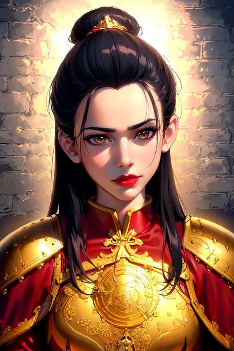 ultra realistic 8k cg, masterpiece, ((ultra detailed background, delicate pattern, intricate detail, highly detailed, fine details best quality, hyperdetailed face)), (photorealistic:1.4),beautiful lighting, absurdres, RAW photo, film grain, Azula, 1girl, solo, black hair, brown eyes, makeup, lipstick, red lips, single hair bun, navel, sidelocks, hair ornament, ((medium breasts, slim girl)), ((armor, chinese clothes, capelet, boots)), ((complex detailed background, inside, dim lighting, moody lighting, inside castle, castle wall, inside, medieval castle environment)), ((close-up, portrait)), <lora:Azula:0.6>