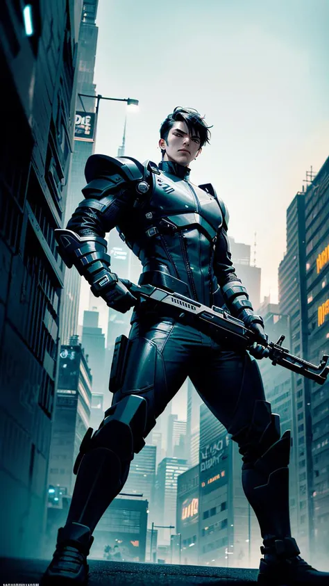 masterpiece, best quality, extremely masculine and powerful, epic cool and brutal, extra cinematic, dynamic action moment, 1boy, future warrior, futuristic aesthetic, cyberpunk, neon glow