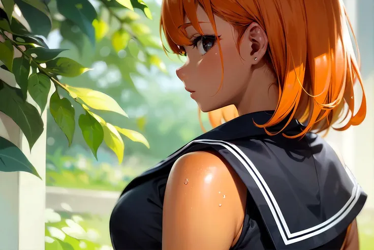 masterpiece, best quality, extremely beautiful and delicate, extremely detailed, intricate detail, vivid colors, (colorful), solo, a girl, girl uniform, (gal), strong black eyes, orange color hair, (oily colored tanned skin), curvy, back shot, outdoor background, bewitching, fascinating, seductive, strong eyes, sharpness focus,