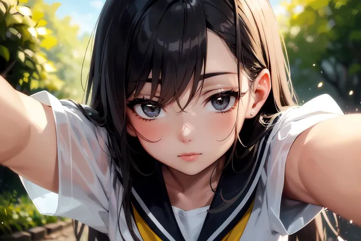 masterpiece, best quality, extremely beautiful and delicate, extremely detailed, intricate detail, vivid colors, (colorful), solo, a girl, girl uniform, (gal), strong black eyes, chartreuse green color hair, (oily colored tanned skin), curvy, front shot, outdoor background, bewitching, fascinating, seductive, strong eyes, sharpness focus,