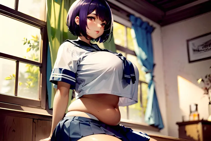 masterpiece, best quality, extremely beautiful and delicate, extremely detailed, intricate detail, vivid colors, colorful, (girl), short hair, (purple color hair), shiny tan skin, huge long breasts, bbw, chubby tummy, curvy, thick, lip,