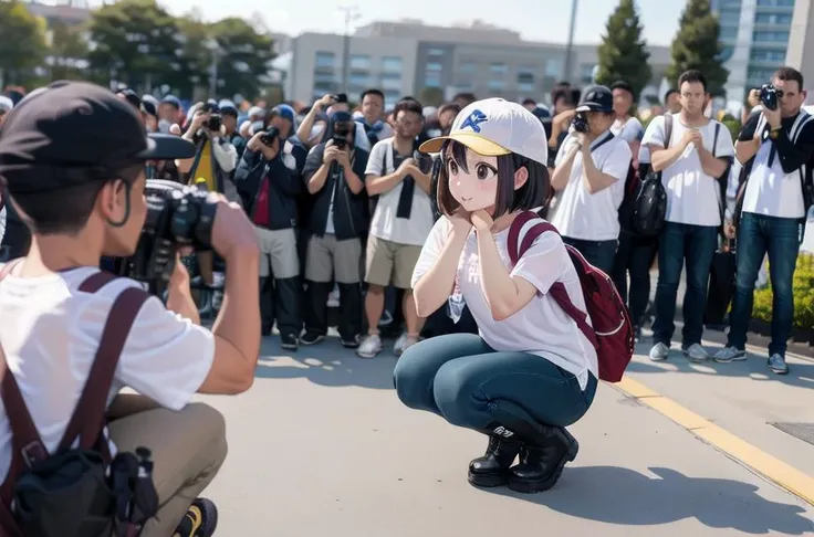 best quality, ultra-detailed, illustration,
comiket_cosplay_Hiroba,, camera, 6+boys, hat, multiple boys, multiple girls, pants, holding camera, black hair, shirt, squatting, binoculars, bag, brown hair, short hair, outdoors, day, gloves, white shirt, taking picture, baseball cap, 6+girls, phone, holding, video camera, backpack, skirt, standing, short sleeves, striped shirt, boots
 <lora:comiket_cosplpay_SD15_V1:1>