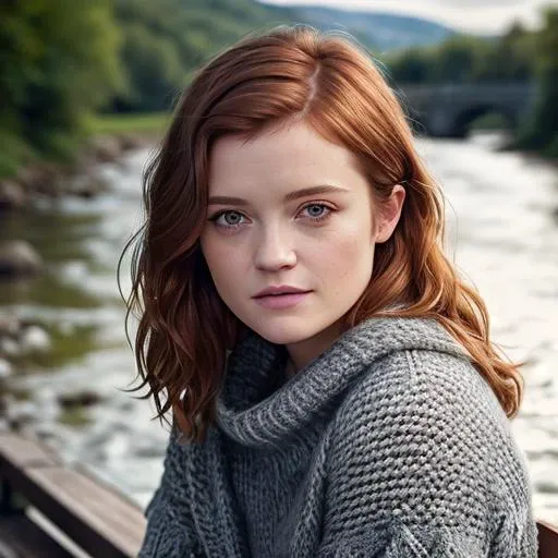 Amy Wren ((Wearing a sweater and distressed jeans)), ((Professional Photo Shoot)), ((out in the country next to a river)), ((sitting on a bench next to a river)), model shoot style, extremely intricate, High Detail, Sharp focus, dramatic, soft cinematic light, (looking at viewer), (Real Eyes), (Detailed Eye Corneas) (detailed pupils), smiling, 24mm, photo lab, elegant, insane details, hyperdetailed, low contrast, epiCRealism, (((Safe For Work)))