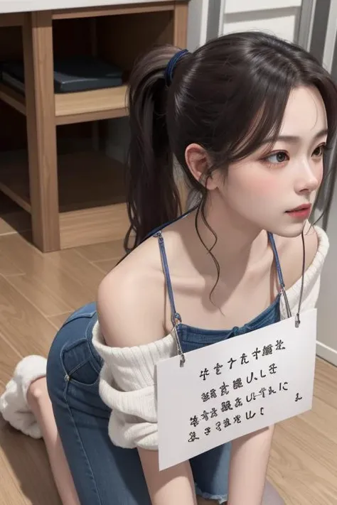 realistic, masterpiece, best quality, 1girl, long wavy ponytail hair, <lora:Concept_PetShamingV1:1>,sign around neck,kneeling