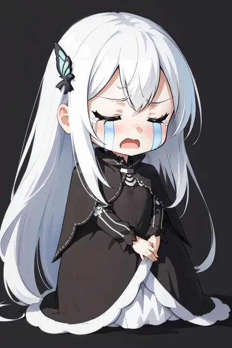 (masterpiece, best quality), intricate details,
1girl, <lora:rezero_echidna-10:0.8> rzechidna, butterfly hair ornament, black dress, long sleeves, black capelet,
eyes closed,
<lora:cozyblanket-nvwls-v1:0.8> cozyblanket, chibi, simple background,
<lora:concept_streaming_tears_6r-000006:0.8> concept_streaming_tears_6r, crying, tears,