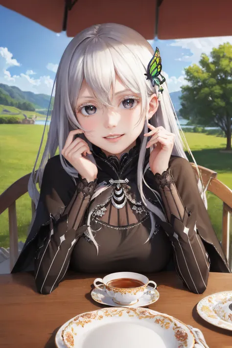 (masterpiece, best quality:1.2), upper body, solo, 1girl, rzechidna, smirk, looking at viewer, butterfly hair ornament, black dress, long sleeves, black capelet, table, teacup, landscape scenery <lora:rezero_echidna:1.0>