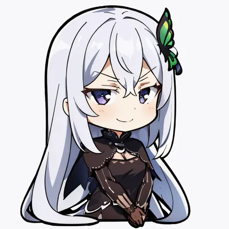 (masterpiece, best quality:1.2), chibi, simple background, white background, solo, 1girl, rzechidna, smirk, looking at viewer, butterfly hair ornament, black dress, long sleeves, black capelet <lyco:DarkCabalChibiStyle:1.0> <lora:rezero_echidna:0.9>