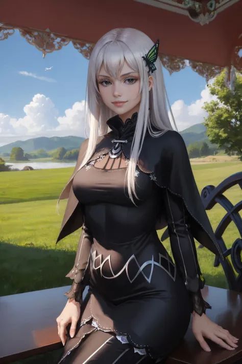 (masterpiece, best quality:1.2), solo, 1girl, rzechidna, smirk, looking at viewer, butterfly hair ornament, black dress, long sleeves, black capelet, landscape scenery <lora:rezero_echidna-10:1>