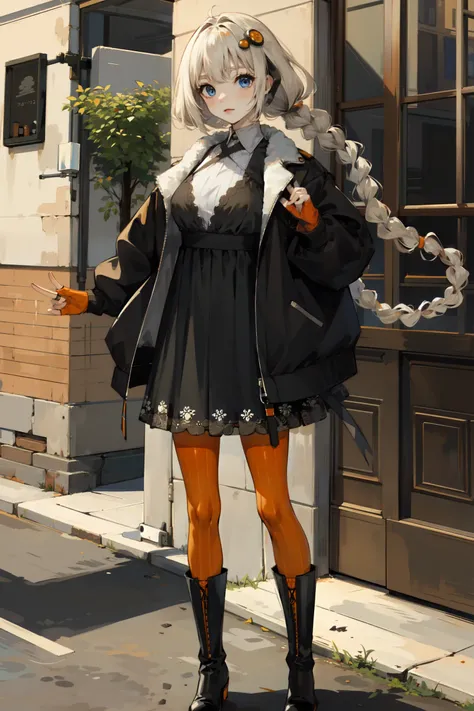 ((masterpiece:1.2, best quality)), kizkari <lora:kizkari:0.8>, hair ornament, long hair, braided ponytails, blue eyes, jacket, dress, orange gloves, fingerless gloves, outside, standing, orange pantyhose, black boots