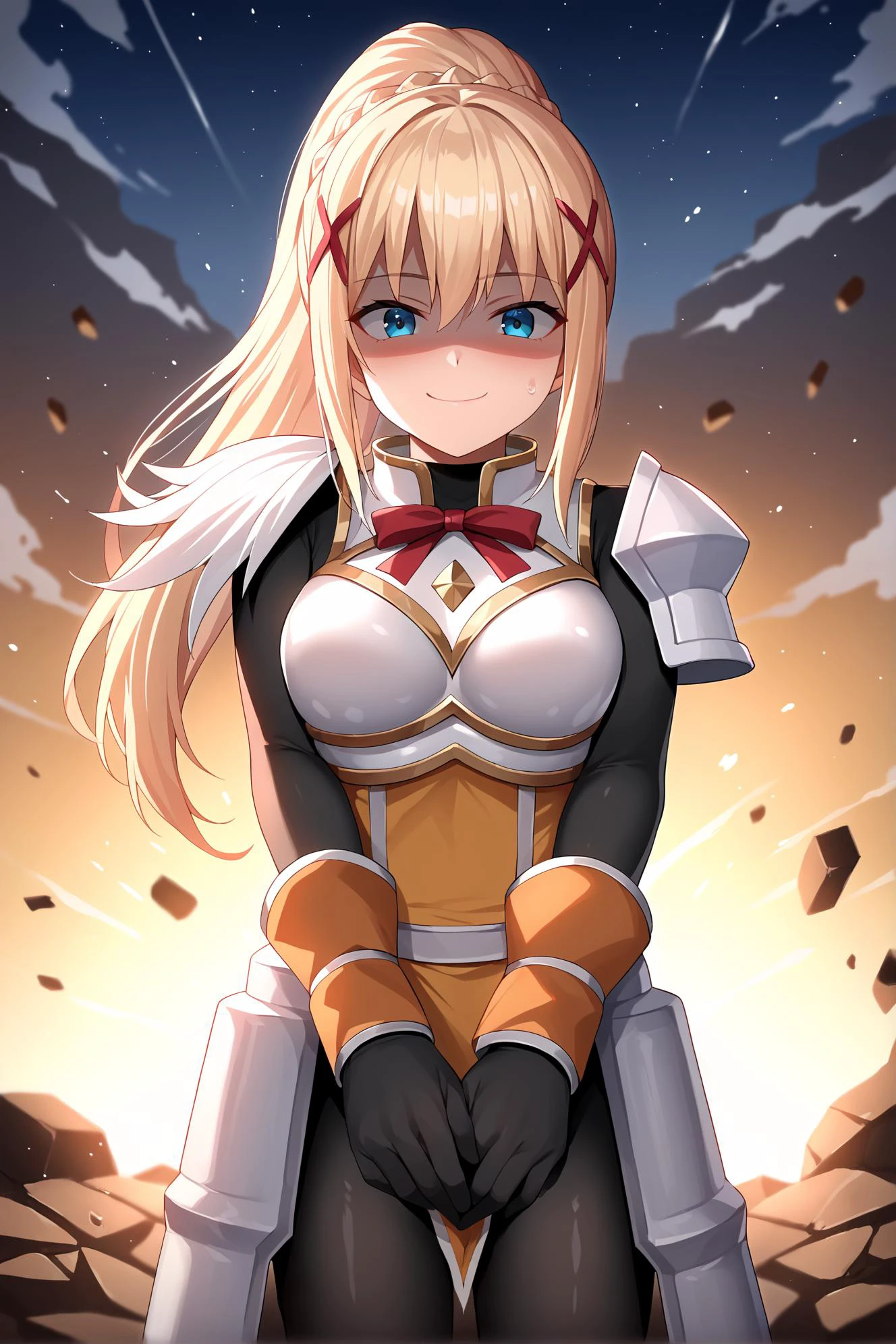 score_9, source_anime, score_8_up, score_7_up, paint:skindentation:.5, nuclear:solo:.8, movement:tears:.5, blurry background:starry sky:.5, detailed background:abstract:.4, shiny skin:reflection:.3, backlighting:sweat:.7, eruption:light ray:.5, ksdarkness:focus:.7, lines:motion blur:.4, highres:long hair:.5, blush:deep skin:.3, perspective:outline:.3, shaded face:gust:.5, rubble:looking_at_viewer:.7, smile:torn:.5, horizon_line:depth of field:.3, cloud:explosion:.5, light trail:spot light:.6, <lora:konosuba_darkness_ponyXL:1> ksdarkness, braid, ponytail, x hair ornament, armored dress, shoulder armor, breastplate, bodysuit, black gloves