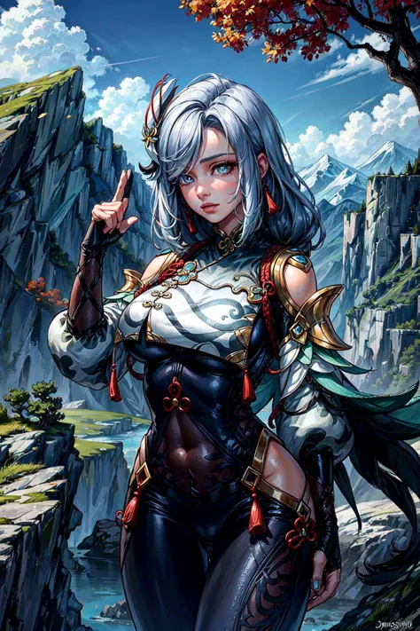 thick outlines, comics, photorealistic, perfect hands, masterpiece:1.2, Chinese, mountain, trees, colorful, 1 girl, solo, <lora:shenhe2:1>, shenhedef, detailed background, detailed face, detailed eyes, <lora:add_detail:0.8>