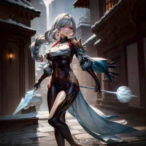 (large breasts), full body, (masterpiece, best quality, ultra-detailed, highres), (sidelighting, lustrous skin), (bloom), (shine), lighting, bokeh, ray tracing, long hair, white hair, braid hair ornament, underboob cutout, chinese clothes , silver eyes , hair over one eye, (hair ornament) ,white chinese breast curtain, tassel earpiece, high heels, floating ice, ((snow)), sprint water, trees, flower, shenhe \(genshin impact\), lace pantyhose, whirlwind of water