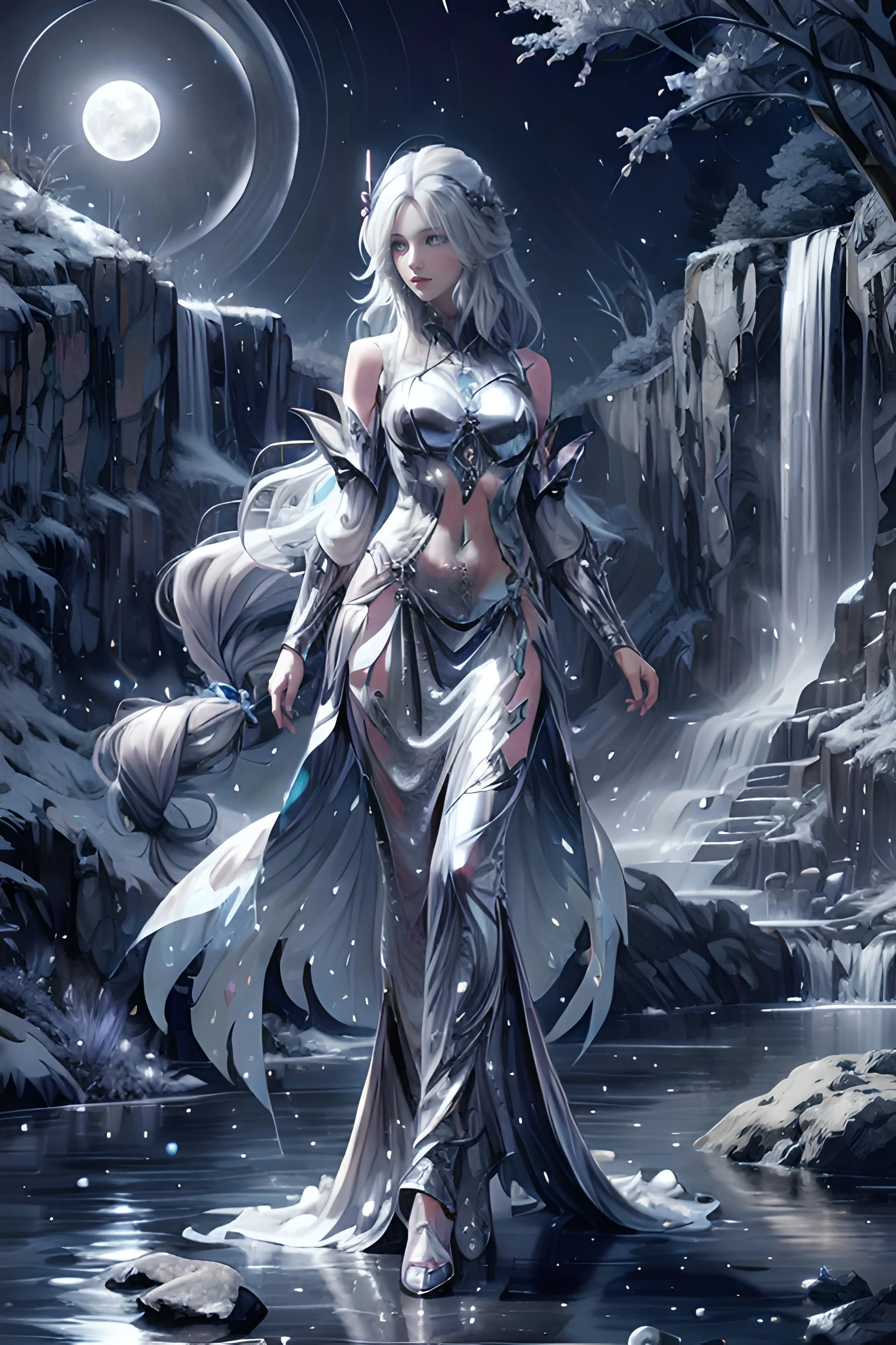 in the mountains, waterfall, Night:1, Full moon, very long braided white hair, full body silver armor:0.8, <lora:SilverSapphireAI:0.55> SilverSapphireAI <lora:PsionicMagic-20:0.55> psionicmagic , mana flow, shimmers, psychic energy <lora:add_detail:0.8>, <lora:shenhe2-000010:0.8> , shenhedef:0.8,