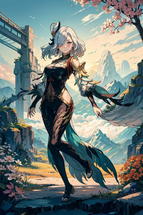 <lora:shenheGenshinImpact_v10:1>, shenhedef, shenhernd, sunny, dance, dynamic pose, funny face,blush, light rays, flowers, trees, Chinese buildings, (full body shot:1.3), soft shadows, ultra detailed face, mountain valley