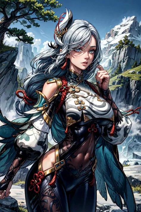 thick outlines, comics, photorealistic, perfect hands, masterpiece:1.2, Chinese, mountain, trees, colorful, 1 girl, solo, <lora:shenhe2:1>, shenhedef, detailed background, detailed face, detailed eyes, <lora:add_detail:0.8>