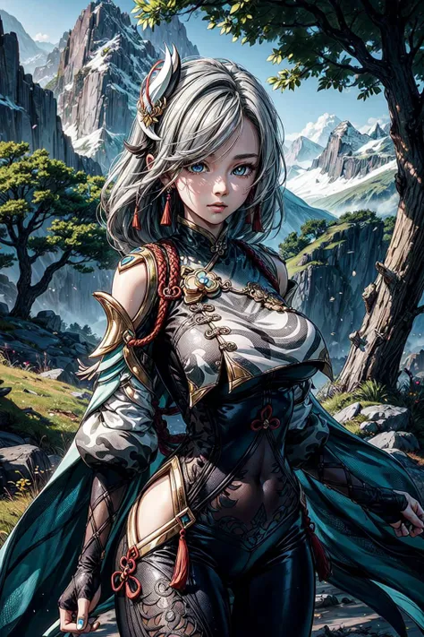thick outlines, comics, photorealistic, perfect hands, masterpiece:1.2, Chinese, mountain, trees, colorful, 1 girl, solo, <lora:shenhe2:1>, shenhedef, detailed background, detailed face, detailed eyes, <lora:add_detail:0.8>