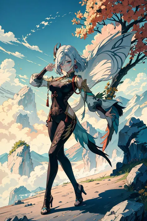 <lora:shenheGenshinImpact_v10:1>, shenhedef, shenhernd, sunny, dance, dynamic pose, funny face,blush, light rays, flowers, trees, Chinese buildings, (full body shot:1.3), soft shadows, ultra detailed face, mountain valley