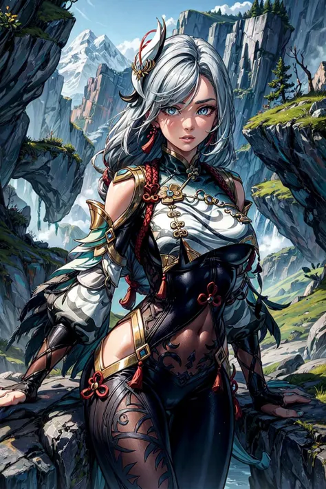 thick outlines, comics, photorealistic, perfect hands, masterpiece:1.2, Chinese, mountain, trees, colorful, 1 girl, solo, <lora:shenhe2:1>, shenhedef, detailed background, detailed face, detailed eyes, <lora:add_detail:0.8>