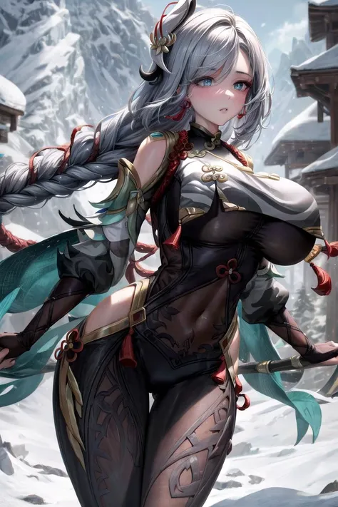 ((illustration)),1girl,masterpiece,absurdres,highres,best quality,high quality,(beautiful detailed aqua eyes),((mature female:1.1)),((milf:1.1)),(Oil_highlights:1.1),make up,parted lips,(shiny skin:1.1),(perfect female body:1.2),dynamic pose,dynamic angle,(gorgeous detailed skin),(white skin),(very detailed background),outdoors,snow,snow mountain, huge breasts, thighs,shenhedef,
(tall female),ray_tracing,intricate details,depth of field, extremely delicate and beautiful,aged up,    <lora:more_details:0.6>   ,  <lora:shenhe2-000010:1>