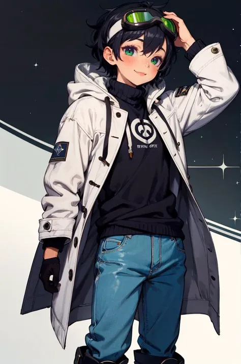 <lora:muku:0.9>, absurdres, ultra detailed, masterpiece, best quality, aesthetic, detailed,, ultra detailed, masterpiece, best quality, solo, smile, 1boy, green eyes, short hair, black hair, bangs, hair between eyes, messy hair, (goggles on head:1.2),, headband, white coat, hooded coat, hood down, open coat, turtleneck, capri pants, pants, black knee boots,