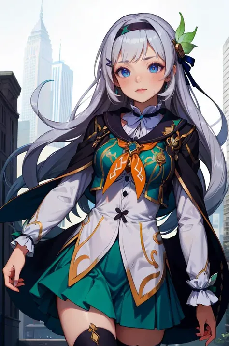 <lora:muku:0.9> <lora:firefly-v2-kozue:0.5> 1girl, blue eyes, grey hair, long hair, hair ornament, black hairband, long sleeves, green skirt, green thighhighs,, absurdres, ultra detailed, masterpiece, best quality, aesthetic, detailed,