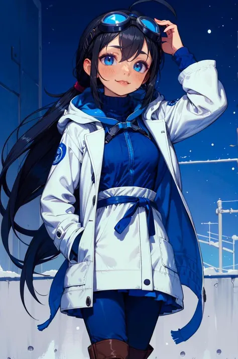 <lora:muku:0.9>  (goggles on head, blue theme:1.3),, absurdres, ultra detailed, masterpiece, best quality, aesthetic, detailed,, katya1, solo, smile, 1girl, aqua eyes, black hair, <lora:low_ponytail-1.0:0.7> low ponytail, ahoge, absurdly long hair, very long hair, hair flaps, hair between eyes, bangs, crossed bangs, messy hair, small breasts, goggles on head, closed mouth,, hooded coat, open coat, turtleneck, pants, black knee boots, multiple straps, white coat, layered clothes, hair ribbon, pants under skirt,
