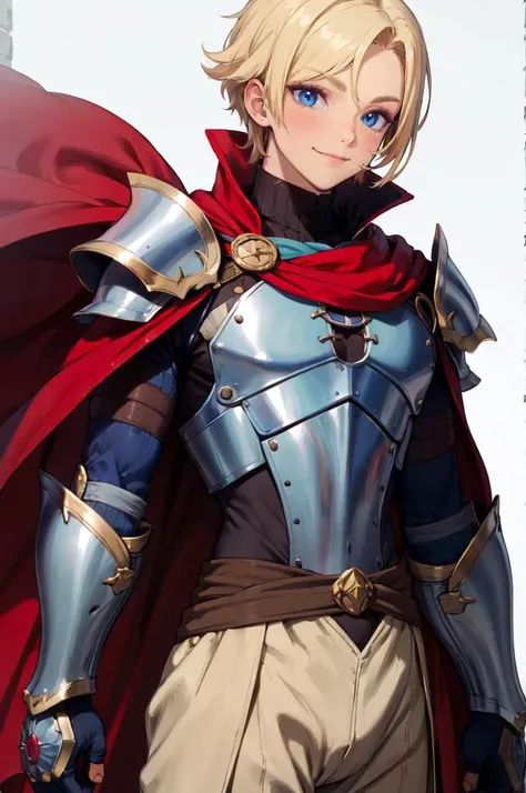 <lora:muku:0.9>, absurdres, ultra detailed, masterpiece, best quality, aesthetic, detailed,, solo, smile, 1boy, blue eyes, medium blonde hair, parted bangs, hair intakes, male focus, muscular male,, armor, pauldrons, cuirass, gauntlets, waist cape, greaves, black bodysuit, surcoat, shoulder sash, wing shoulder armor, cape, pants,