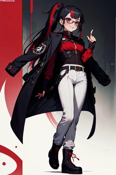 <lora:muku:0.9>, absurdres, ultra detailed, masterpiece, best quality, aesthetic, detailed,, solo, smug smile, 1girl, purple eyes, red-framed eyewear, (black hair, red colored tips:1.2), red streaked hair, very long hair, side ponytail, tied hair, medium breasts,, <lora:StS-Coat-and-Jacket-On-Shoulders-Iteration2:0.7> dataset, jacket on shoulders, coat on shoulders, red dress, sleeves rolled up, fingerless gloves, holster, belt, multiple belts, combat boots, bulletproof vest, pants, black coat, tactical clothes,