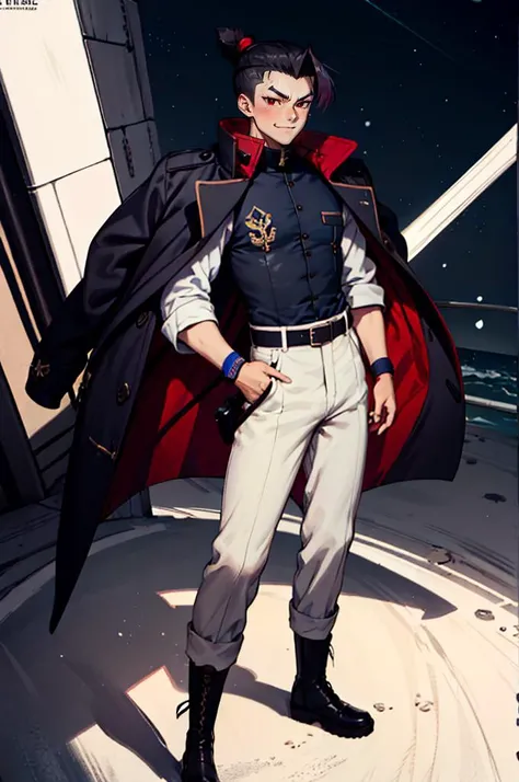 <lora:muku:0.9>, absurdres, ultra detailed, masterpiece, best quality, aesthetic, detailed,, solo, smug smile, 1boy, red eyes, <lora:Tsurime3:0.7>, (tsurime:1.2), black hair, undercut, top knot, parted bangs, long bangs, bangs, short hair, hair intakes, tall,, <lora:StS-Coat-and-Jacket-On-Shoulders-Iteration2:0.7> dataset, jacket on shoulders, (coat on shoulders:1.3), black coat, dress shirt, sleeves rolled up, fingerless gloves, holster, pants, belt, multiple belts, combat boots, bulletproof vest, tactical clothes,