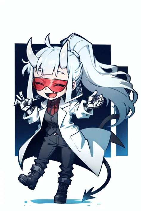 <lora:loremaster:1>loremaster(helltaker), black footwear, full body, white hair, long sleeves, sidelocks, simple background, demon tail, red-tinted eyewear, chibi, tinted eyewear, horns, demon girl, closed eyes, goggles, smile, teeth, happy, coat, demon horns, white coat, open mouth, pants, 1girl, labcoat, solo, ponytail, tail, boots