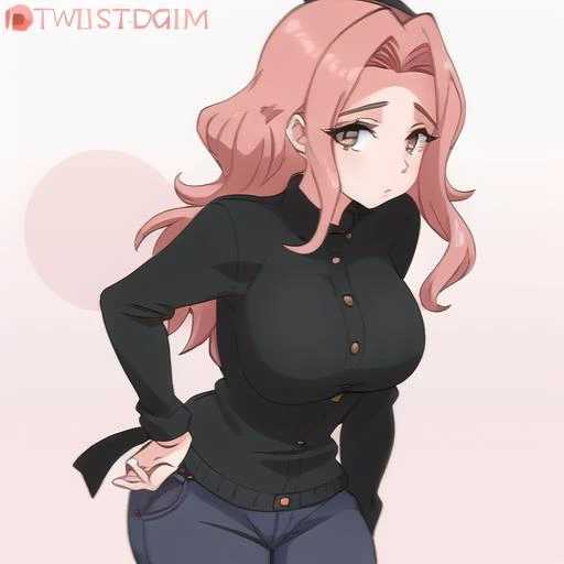 masterpiece, best quality, high detail, beautiful woman, solo focus, long wavy hair, pink hair, large bust, ((blue sweater)), black midi pencil skirt, long skirt:1.2, midriff, navel, wide hips, looking at viewer, full-face blush, light smile, backyard, cloudy sky,
