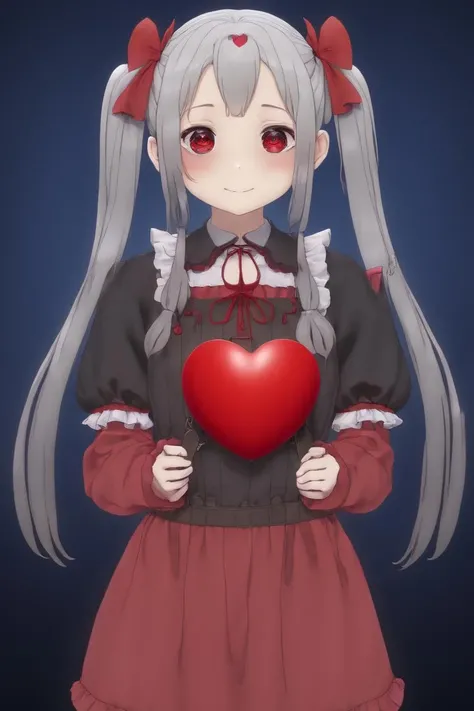 A girl, ((holding a red heart with text "CURSED" on it)), slight smile, gray hair, twintails, red eyes, minimalistic,
anime style, masterpiece, 8k,