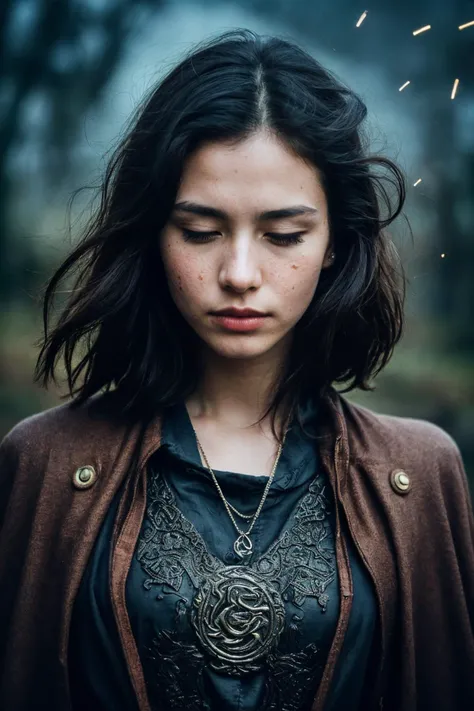 (masterpiece, best quality:1.1), photograph, Porta 160 color, shot on ARRI ALEXA 65, bokeh, depth of field, shot by Don McCullin, (blemishes, skin pores, textured skin:1.1), sharp focus, vibrant colors, PA7_Photo, PA7_Human-Likeness, volumetric lighting, <lora:detail_slider_v4:1>, <lora:FujiVelvia50:0.5>, <lora:GoodHands-beta2:0.8>,
solo, 1 girl, adult european woman, cute, closed eyes , black bun hair, frown, parted lips, dynamic pose, heroine, steel (armor:1.2), rusty, cloak, crown, flames in background, winter, (celtic theme:1.2), ( poster:1.3), (dark cinematic, epic, awe inspiring, awesome, floating particles, particle effects:1.3), sparks, (wind blowing, billowing:1.1), (silhouette, volumetric lighting, backlighting, dawn:1.2), mythology, , prophecy,