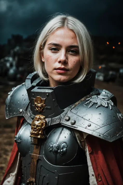 (masterpiece, best quality:1.1), photograph, Porta 160 color, shot on ARRI ALEXA 65, bokeh, depth of field, shot by Don McCullin, (blemishes, skin pores, textured skin:1.1), sharp focus, vibrant colors, PA7_Photo, PA7_Human-Likeness, volumetric lighting, <lora:detail_slider_v4:1>, <lora:FujiVelvia50:0.5>, <lora:GoodHands-beta2:0.8>,
solo, 1 girl, adult woman, beautiful, grey-blue eyes, (white hair:1.25), wedge cut hair hair, zealous expression, <lora:edgWar40KAdeptaSororitas:0.85>, edgAdepta, wearing edgAdepta, power armor, shoulder armor, skull emblem, battle-worn, grimy, dirty, billowing cape,
(epic, cinematic:1.1), grim dark, battlefield in background, impact crater, nuclear explosion, black smoke rising, particle effects, (wind blowing:1.1), darkness, <lora:epi_noiseoffset2:0.6>,