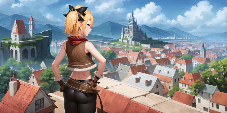 <lora:Felt:1>
best quality, 4k, ((masterpiece)), extremely detailed, 8k, trending on ArtStation, Intricate, High Detail, Sharp focus,detailed background,(fantasy city:1.4),rooftop,crowd, 
1girl, solo, navel, bow, blonde hair, red eyes, hair bow, red scarf, braid, short hair, belt,small breasts,standing, looking at viewer, smile, midriff, cowboy shot,blonde hair,black bow,,asymmetrical clothes, gloves,brown gloves, torn legwear,vest,from behind,looking back,hands on hips,