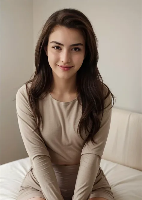 1girl, alexabotez, simple tshirt, long sleeves, simple background, headshot, upper body, smile,