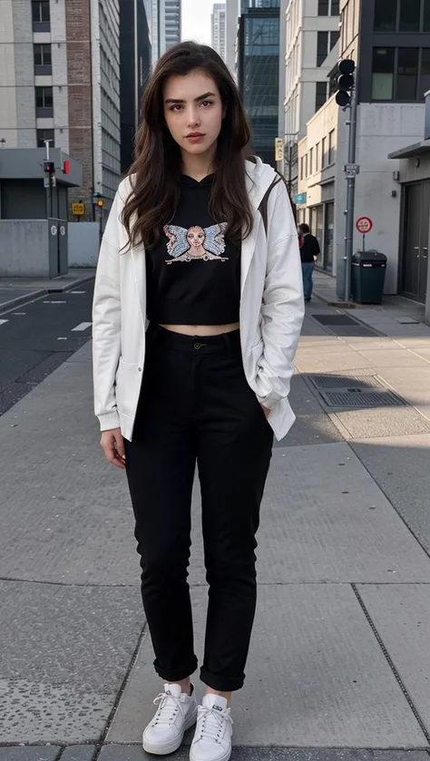 1girl, alexabotez, (hood print sweater), design print, long sleeves, (pants), footwear, simple background, outdoors, street, road, full body,